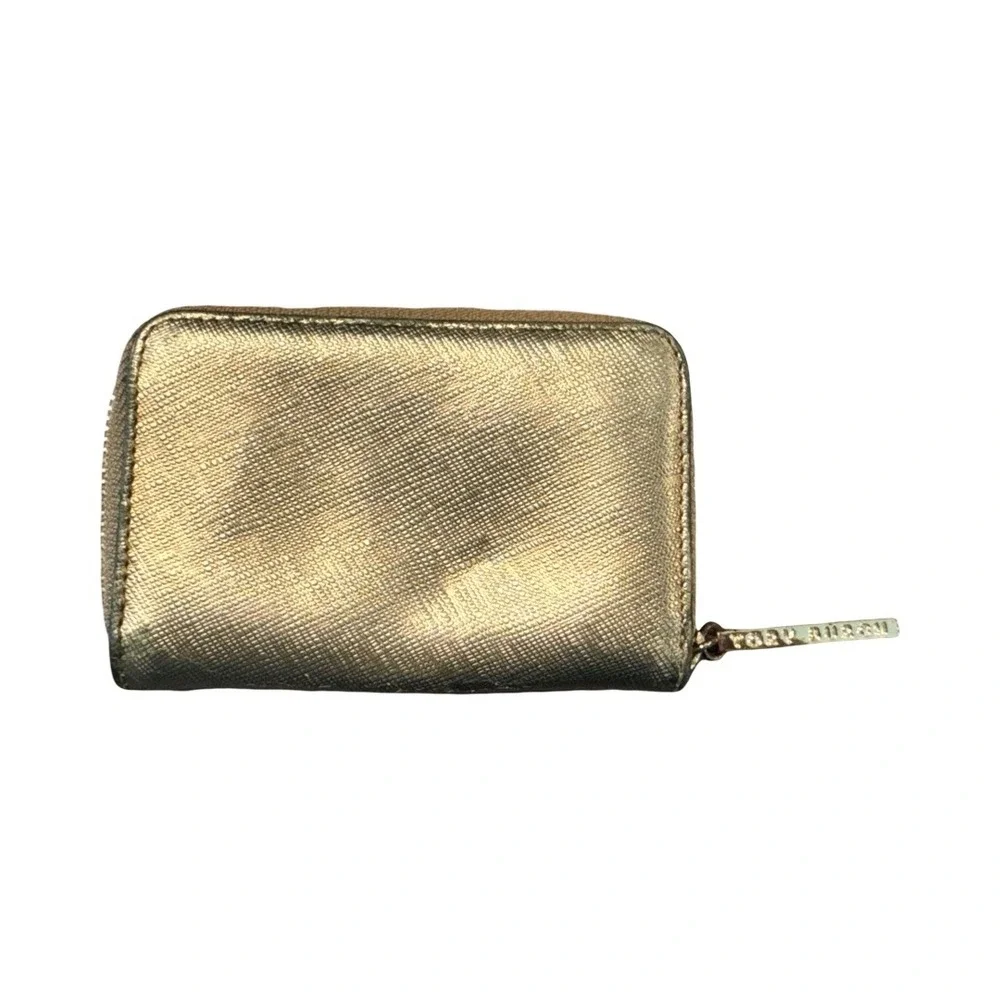 Tory Burch Robinson Metallic Gold Saffiano Leather Zip Coin Purse Case‎ Wallet